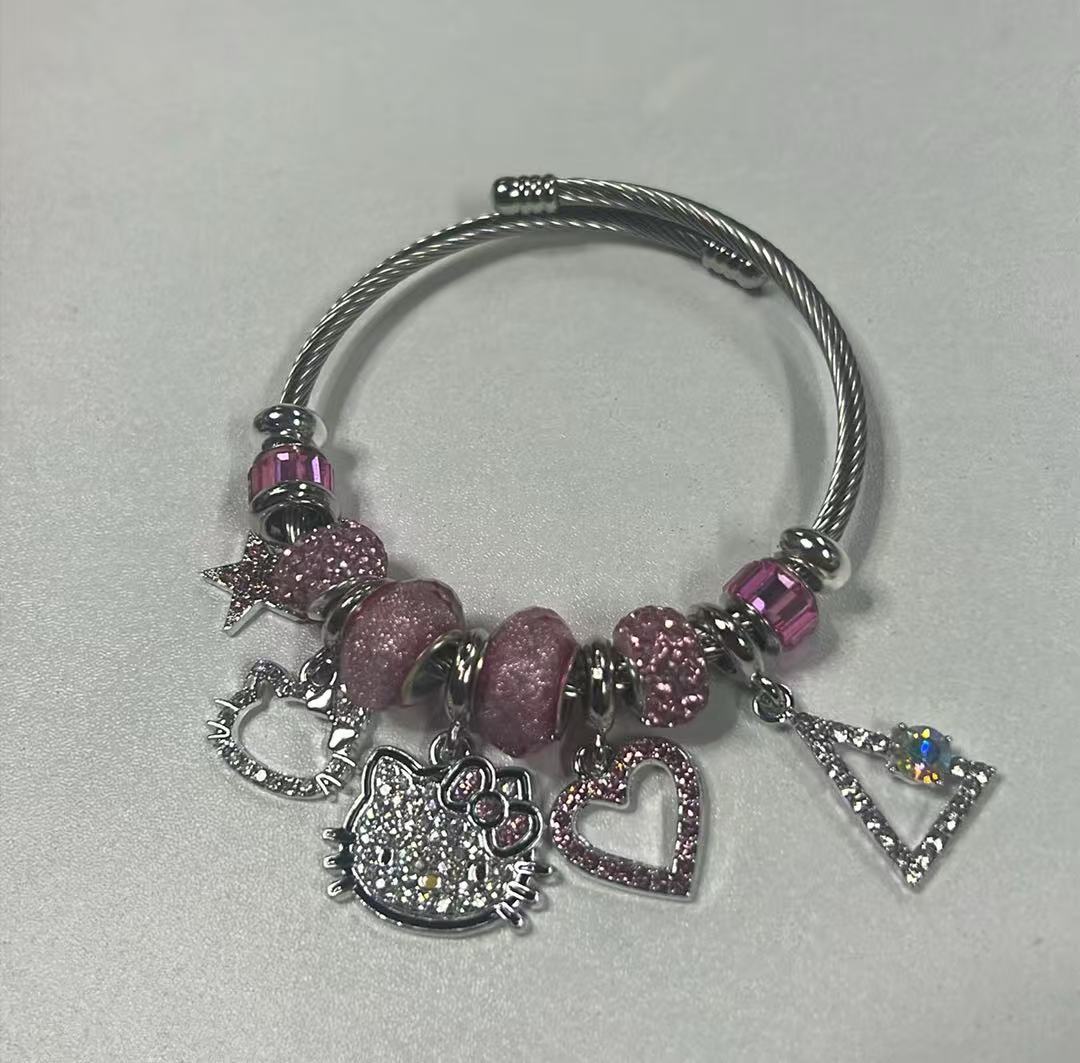 Silver Pink Crystal Rhinestone HK Charm Bracelet – Heart & Star Beaded Bangle for Women