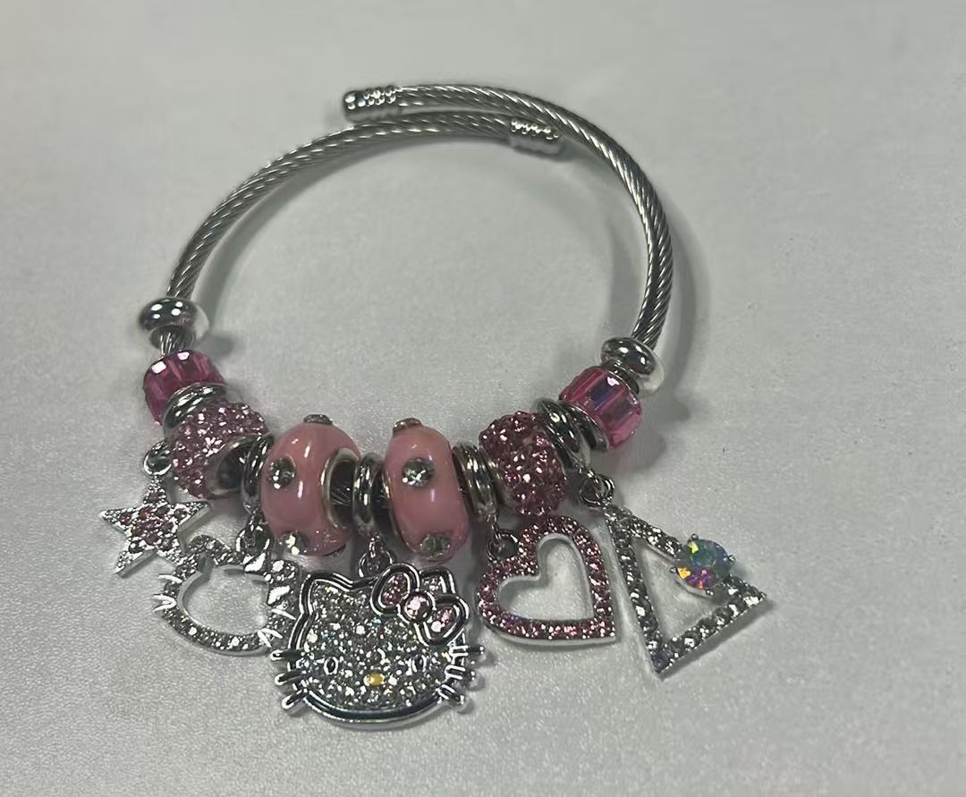 Silver Pink Crystal Rhinestone HK Charm Bracelet – Heart & Star Beaded Bangle for Women