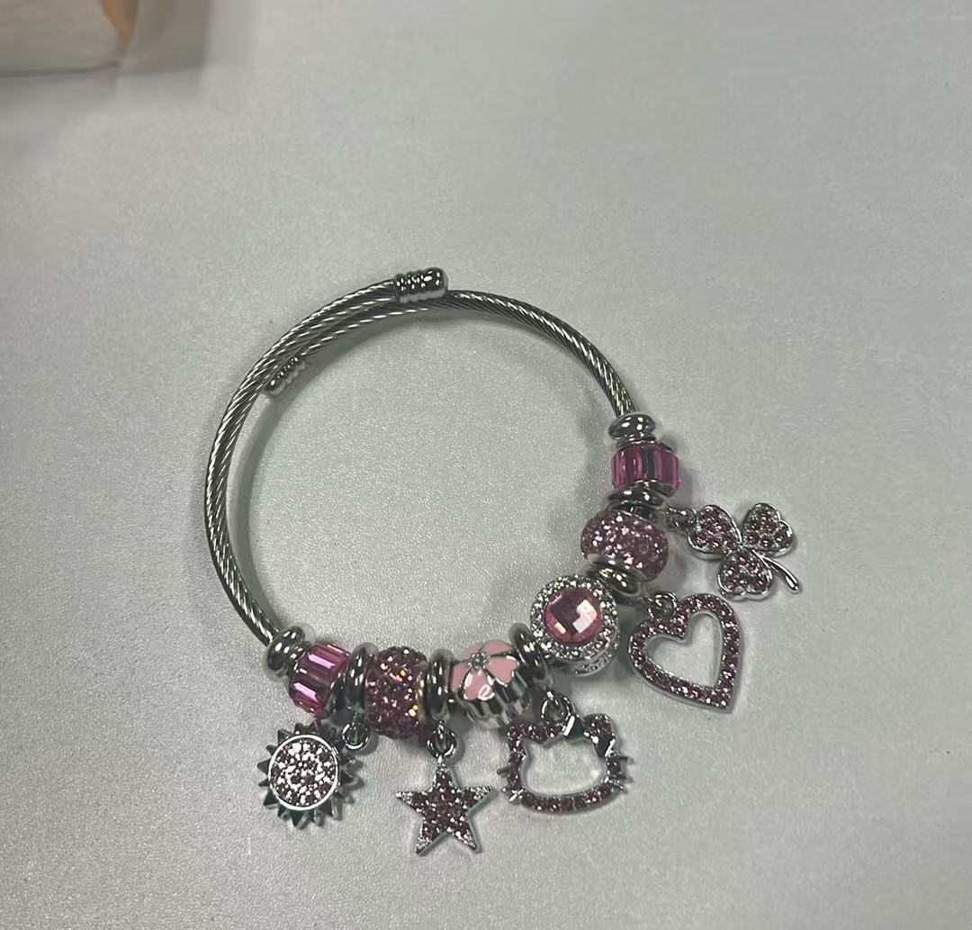 Silver Pink Crystal Rhinestone HK Charm Bracelet – Heart & Star Beaded Bangle for Women
