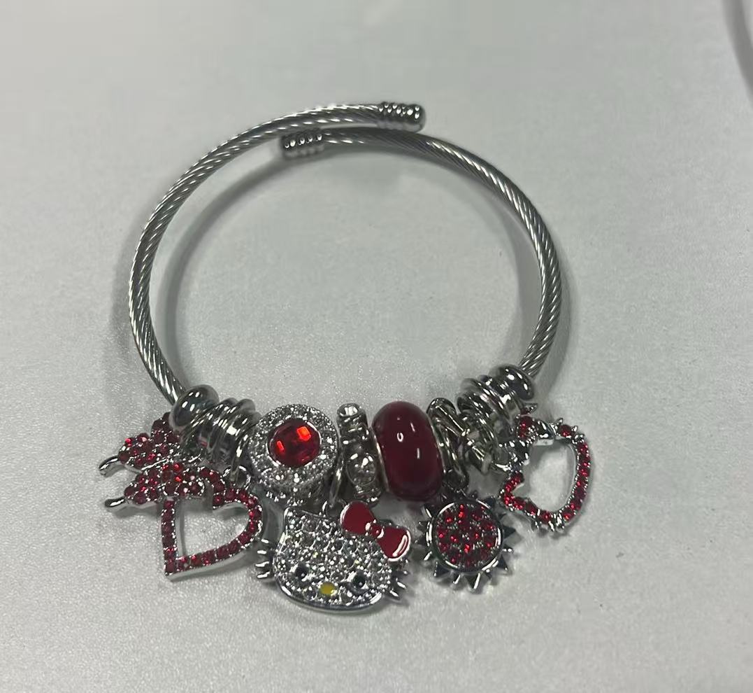 Silver Pink Crystal Rhinestone HK Charm Bracelet – Heart & Star Beaded Bangle for Women
